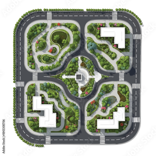 Urban Oasis: An aerial view of a meticulously designed urban landscape reveals a harmonious blend of nature and architecture.