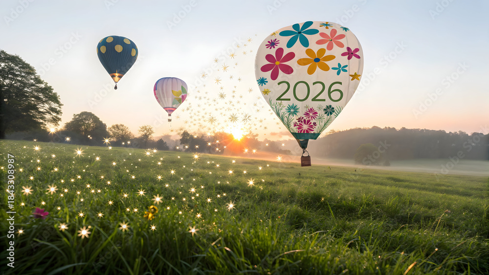 Fototapeta premium Envisioning 2026 hot air balloons above scenic meadow new year's celebratory sky