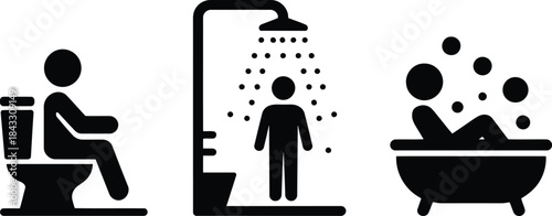 Simple black stick figures illustrate common daily hygiene and personal care routines inside a bathroom