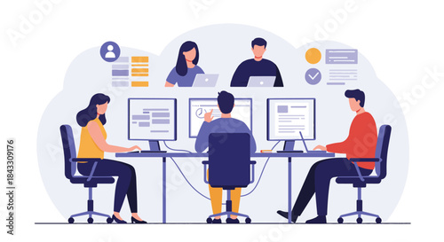 Illustration of a team of people working together on computers, sharing information