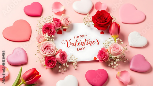 A flat lay arrangement showcasing a happy valentine s day card surrounded by vibrant pink and red roses delicate flower petals and assorted heart shaped