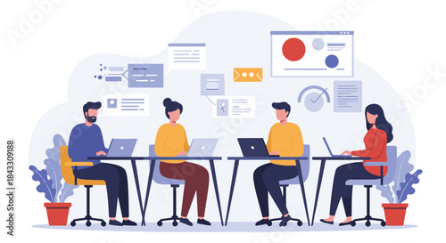 Illustration of a team of people working together in an office environment with laptops