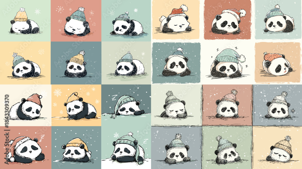 Obraz premium Cute winter panda illustrations showing adorable pandas resting, leaning, and cuddling in cozy hats and soft pastel backgrounds. Charming nursery art for kids and playful seasonal decor.