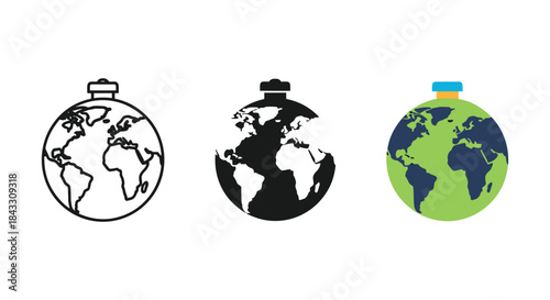 Three different style globe icons hanging on loop