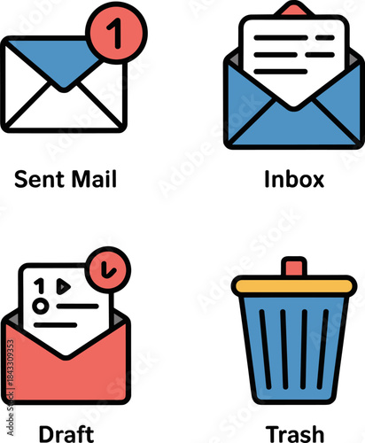 Comprehensive Email Management Icon Set: Vector Collection featuring Inbox, Sent Mail Notification, Draft Message, and Trash Bin Symbols for Modern UI/App Design Interfaces.