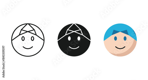 Three cartoon faces with different head coverings