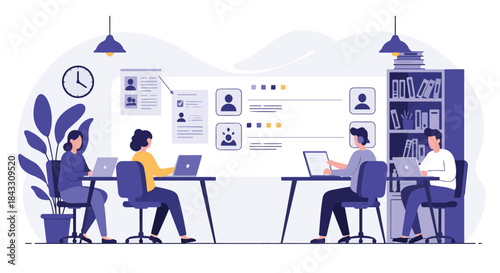 Illustration of a modern office with people working on laptops and reviewing resumes