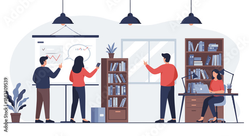 Illustration of a modern office interior with people collaborating and working together on projects