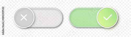 Off on switch button template glassmorphism. UI design element for smartphone interface, app, mobile display, banner