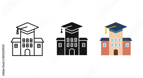 Graduation building icons in different styles