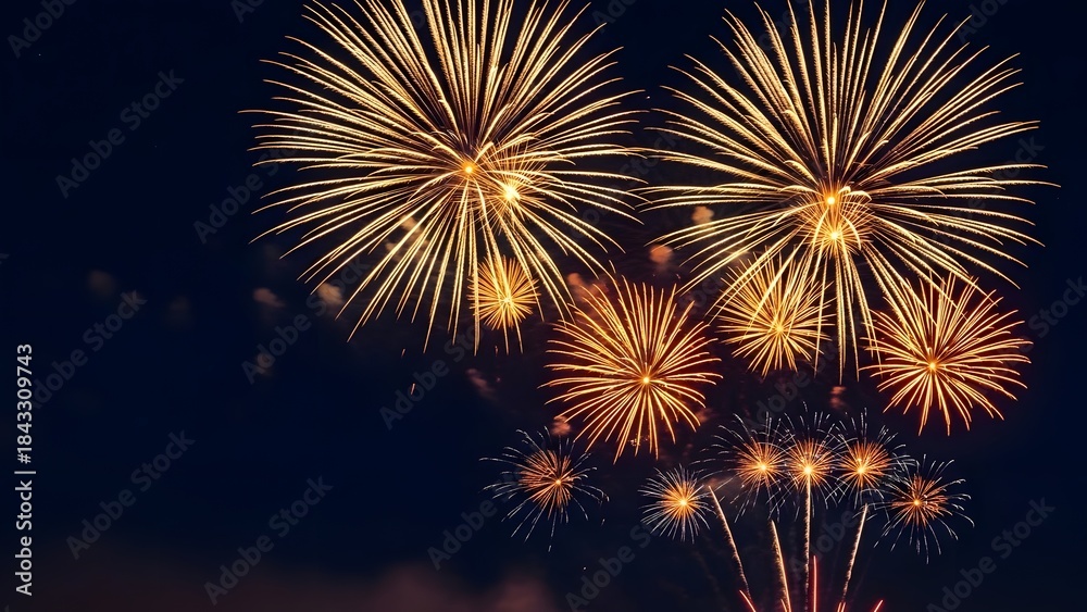 Obraz premium Vibrant fireworks explode in night sky with bright lights and colors display
