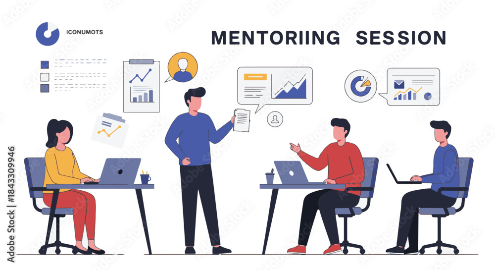 Fototapeta premium Illustration of a mentoring session with people discussing data and working on laptops