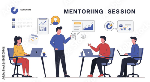 Illustration of a mentoring session with people discussing data and working on laptops