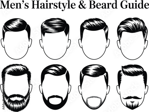 Men's Hairstyle and Beard Guide Set with Various Haircut and Facial Hair Styles