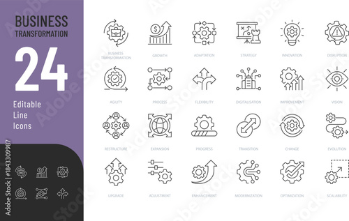 Business Transformation Line Editable Icons set. Vector illustration in modern thin style of business development related icons: innovation, strategy, optimization, and more. 