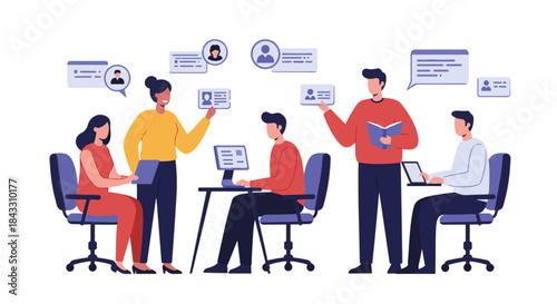 Illustration of a diverse team collaborating and working together in a modern office setting