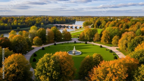 Scenic View of a Large Park with Fountain and Autumn Foliage.