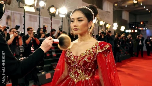 Elegant Woman in Red Gown on Red Carpet at Film Festival.