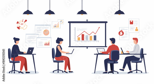 Illustration of a collaborative business meeting with people working on laptops and a projection screen