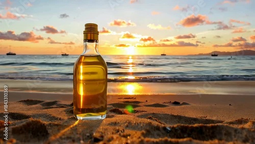 Golden Hour Glow - A Bottle of Liquid on the Beach at Sunset.