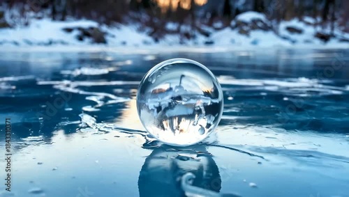 Crystal Ball on Frozen Lake Baikal in Winter Landscape.