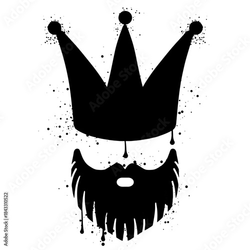 Crown and beard with black spray paint graffiti.