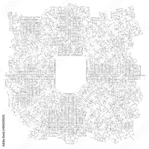 City Grid Plan: A top-down view of a complex city grid plan, showcasing a dense network of roads, buildings, and urban structures.