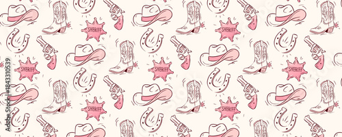A pink seamless western pattern with cowgirl and cowboy elements like boots, hats, and horseshoes in doodle vector style. This playful cowgirl pattern is great for wallpapers, prints or retro decor.