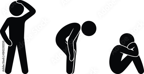 Three black stick figures illustrating various human emotions like sadness, confusion, and distress on a white surface