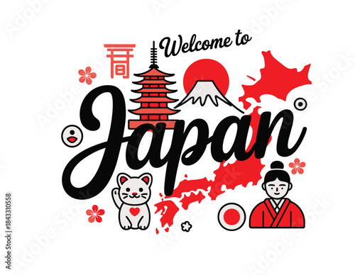 Welcome to Japan Travel Vector Illustration with Mount Fuji, Red Pagoda, and Torii Gate