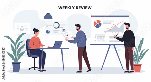 Illustration of a business team conducting a weekly review meeting with charts and graphs.