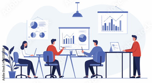 Illustration of a business meeting with people looking at graphs and charts in a modern office