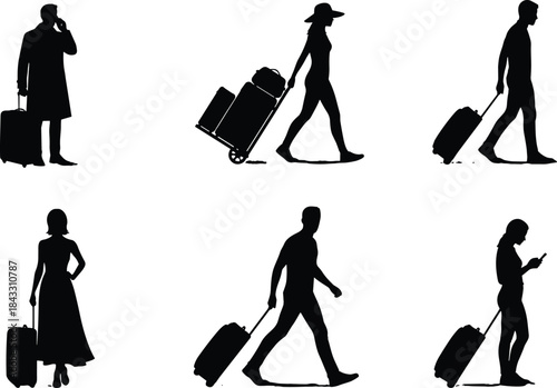 Travel People Silhouette Set Vector Collection Isolated White Background Suitcases Luggage Business Vacation Tourism Journey