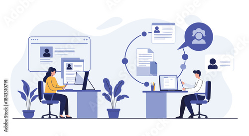 Illustration depicting two people working on computers with data transfer and online communication