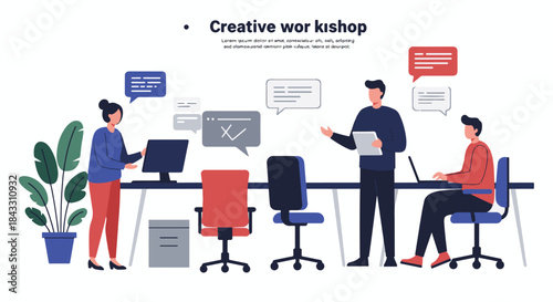 Illustration depicting a creative workshop with business people and speech bubbles in a modern office