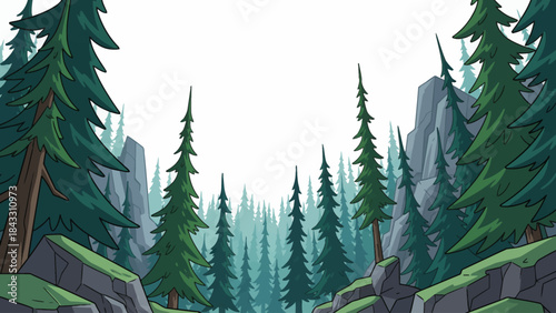 boreal forest dominated by tall conifer trees, cold climate conditions, layered pine silhouettes, and quiet natural scenery stretching across northern landscapes, white isolated sky