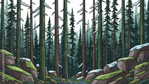 boreal forest dominated by tall conifer trees, cold climate conditions, layered pine silhouettes, and quiet natural scenery stretching across northern landscapes, white isolated sky