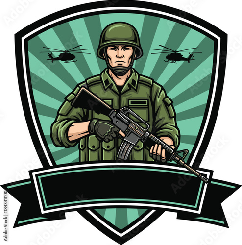 Army Soldier Mascot Badge with Military Uniform Assault Rifle and Helicopters