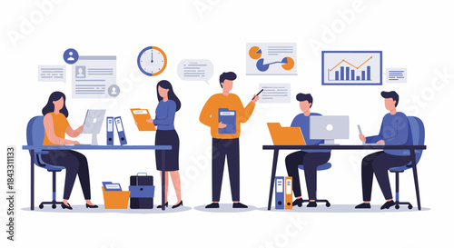 Flat illustration of a diverse office team working together in a modern workspace