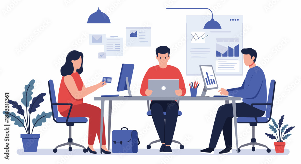 Obraz premium Diverse team of professionals collaborating at a modern office desk with computers and data analysis