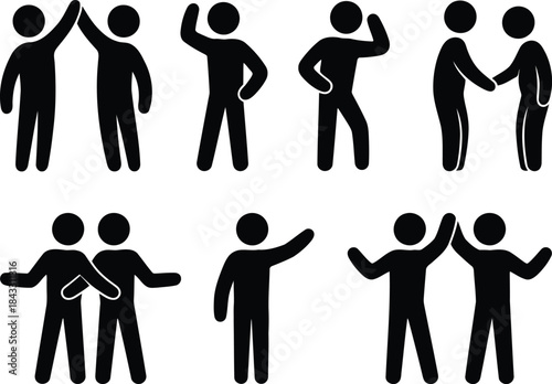 Various black stick figures demonstrating social interactions and common human gestures on white background