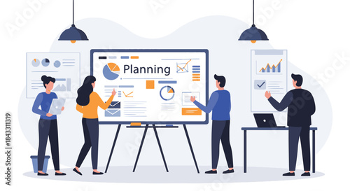 Diverse team of professionals collaborating on a business planning presentation with charts and graphs