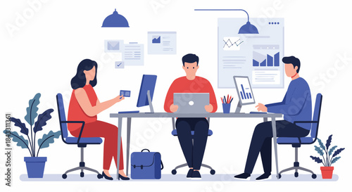 Diverse team of professionals collaborating at a modern office desk with computers and data analysis