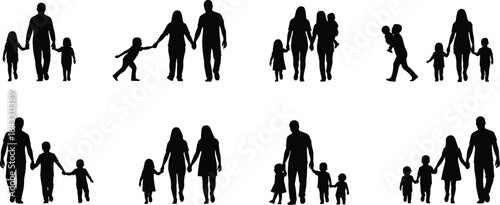 Walking family silhouette bundle, parents with children vector set, happy families holding hands, mother, father, kids, walking together, isolated black figures on white.