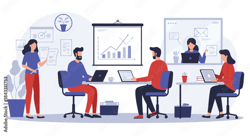 Obraz premium Diverse team collaborating in a modern office environment, utilizing technology and teamwork.