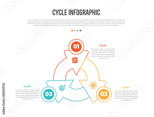 Cycle base shape infographics template diagram with arrow on circle circular with circle badge on top side with 3 point step creative simple flat outline