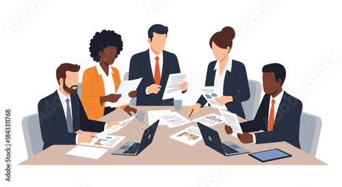 Diverse group of business professionals collaborating at a conference table with documents