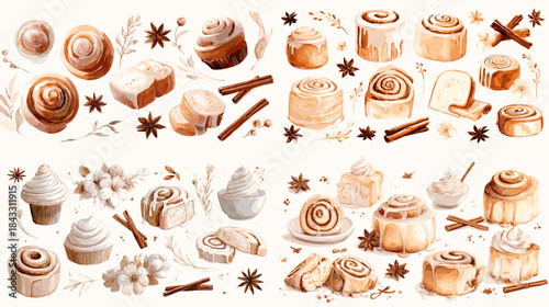 Watercolor cinnamon rolls with icing, spices, flowers, and sweet baked elements. Cozy dessert illustration perfect for bakery, cafe, and holiday themes.