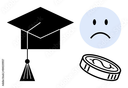 Student loan debt concept. A graduation cap, sad face, and coin highlight the financial burden faced by graduates. Student loan concerns, education costs, debt stress, and financial challenges