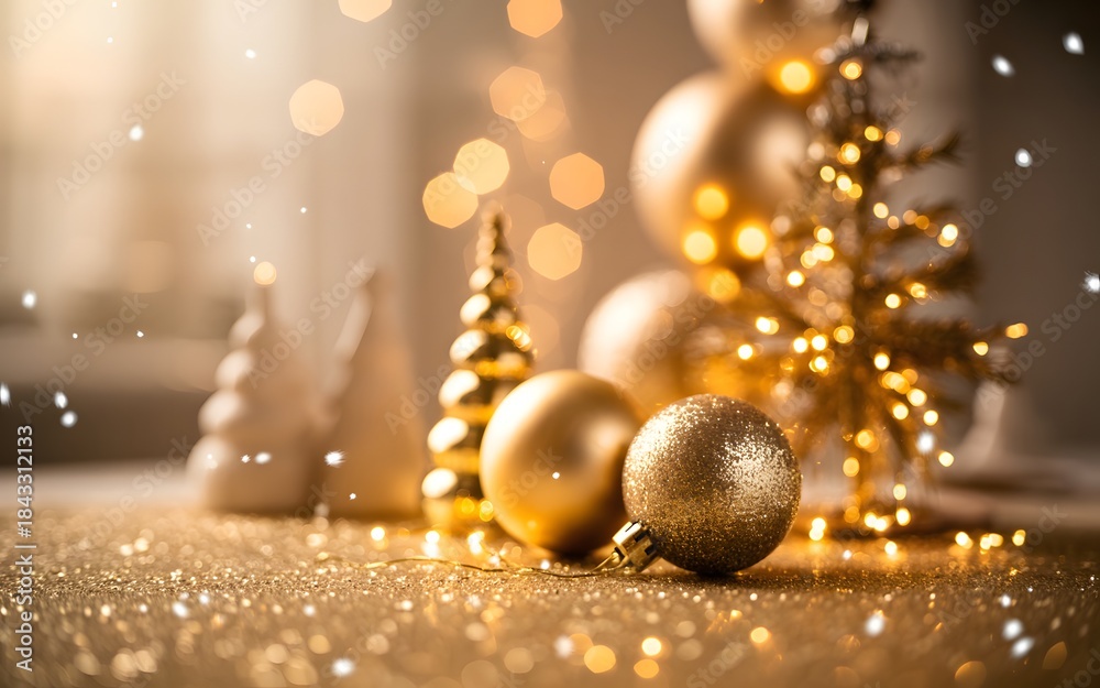 Fototapeta premium Golden christmas decorations and ornaments on glittering surface